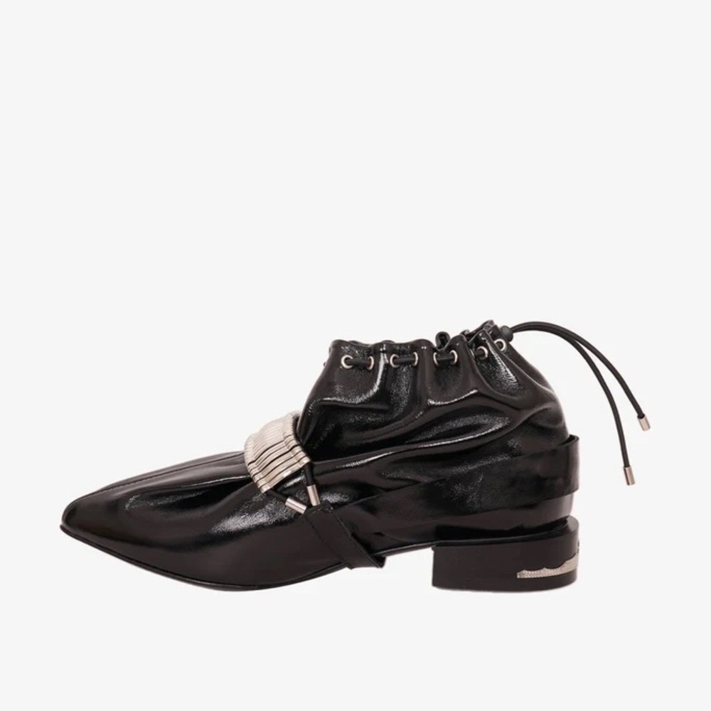 Toga Pulla Black Patent Leather Drawstring Ankle Boot Size 6.5